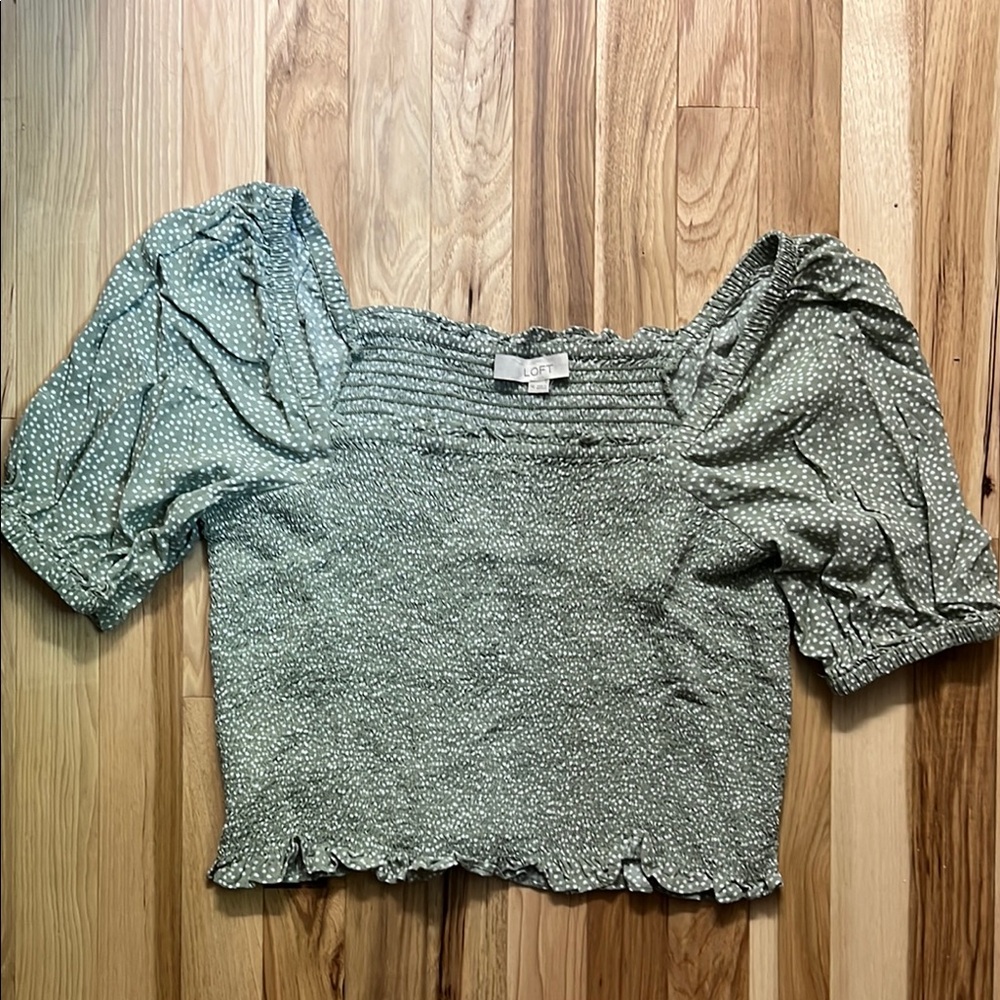 LOFT Green Puff Sleeve Smocked Crop Blouse
